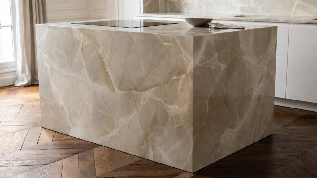 ilot de cuisine en marbre sur parquet haussmannien